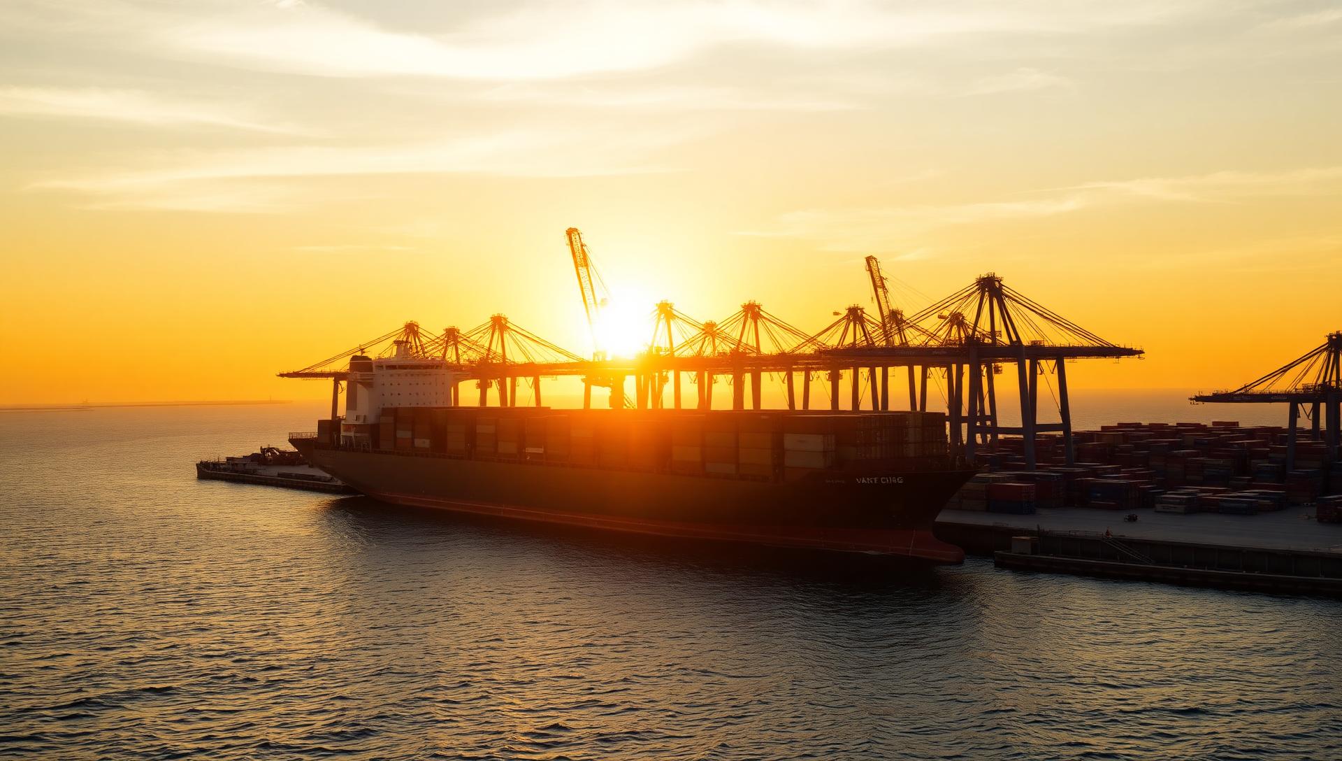 Cargo ship at an international shipping port at sunset